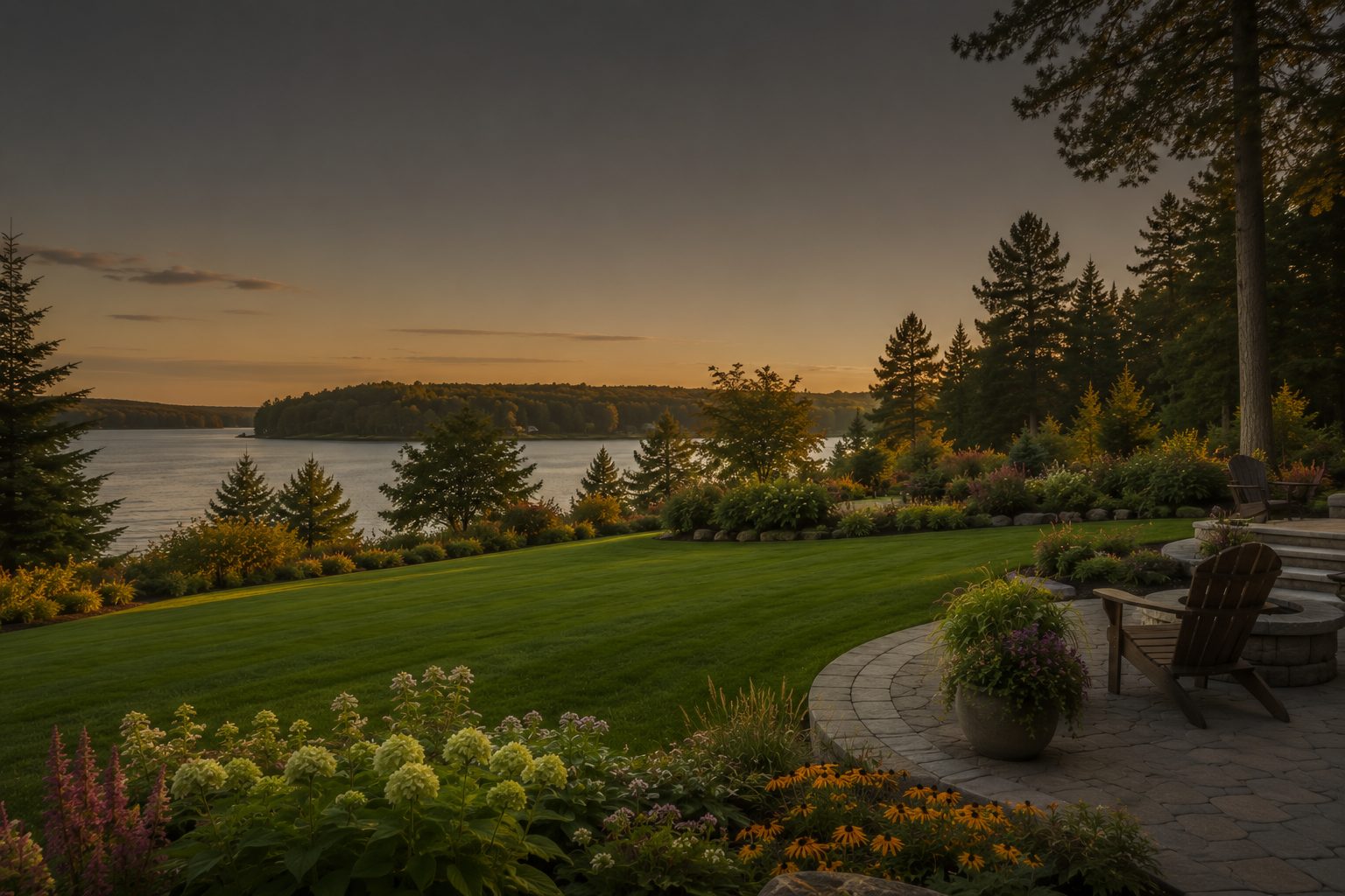 A beautifully kept lawn sloping toward a quiet Maine lake at golden hour