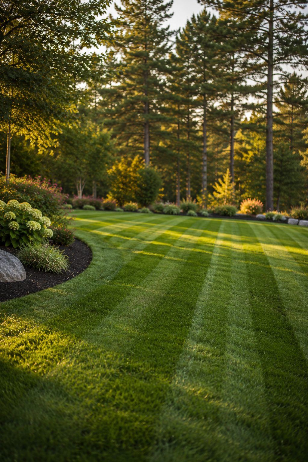 Freshly mowed lawn with crisp mower stripes in a Windham backyard