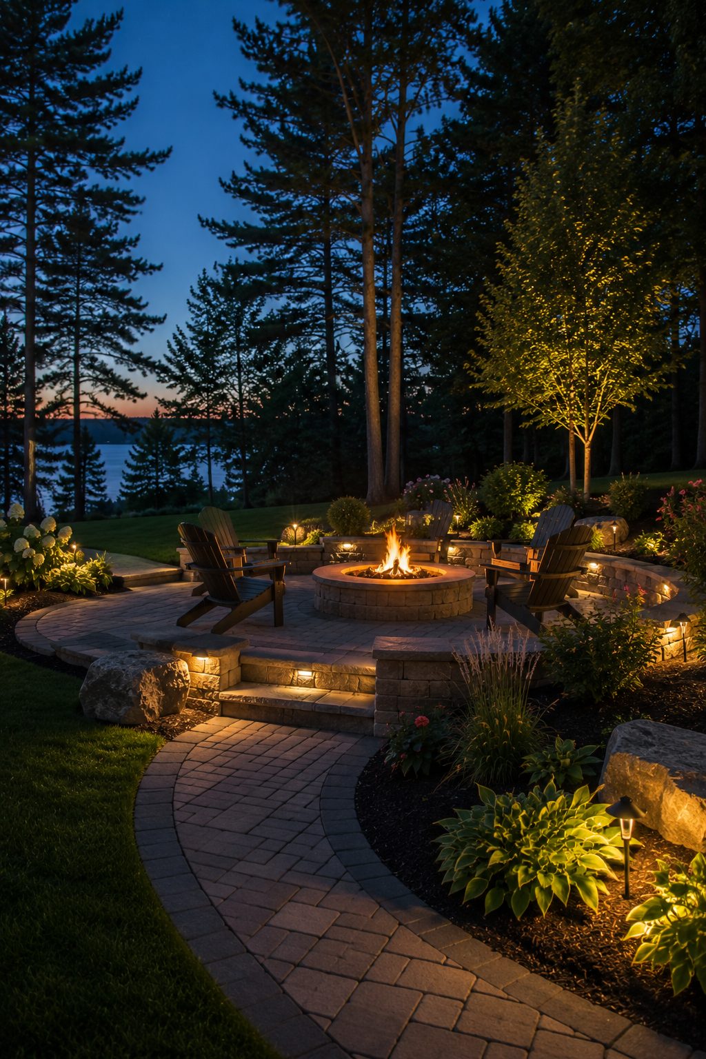 Paver patio with a fire pit lit in the early evening surrounded by plantings