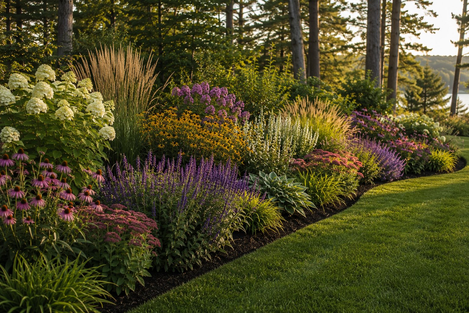 A full perennial border in bloom along a manicured Maine lawn