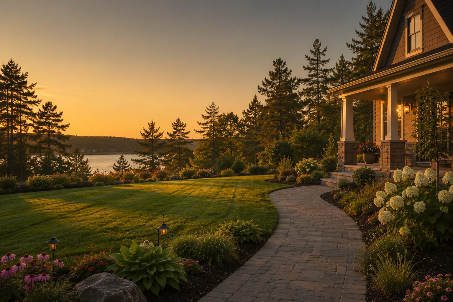 A curving paver walkway and fresh plantings leading up to a lakeside home at golden hour