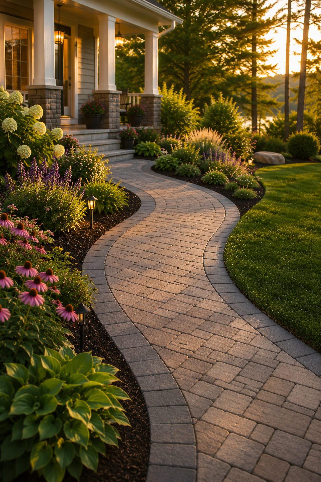 A paver walkway curving through fresh plantings to a front entry