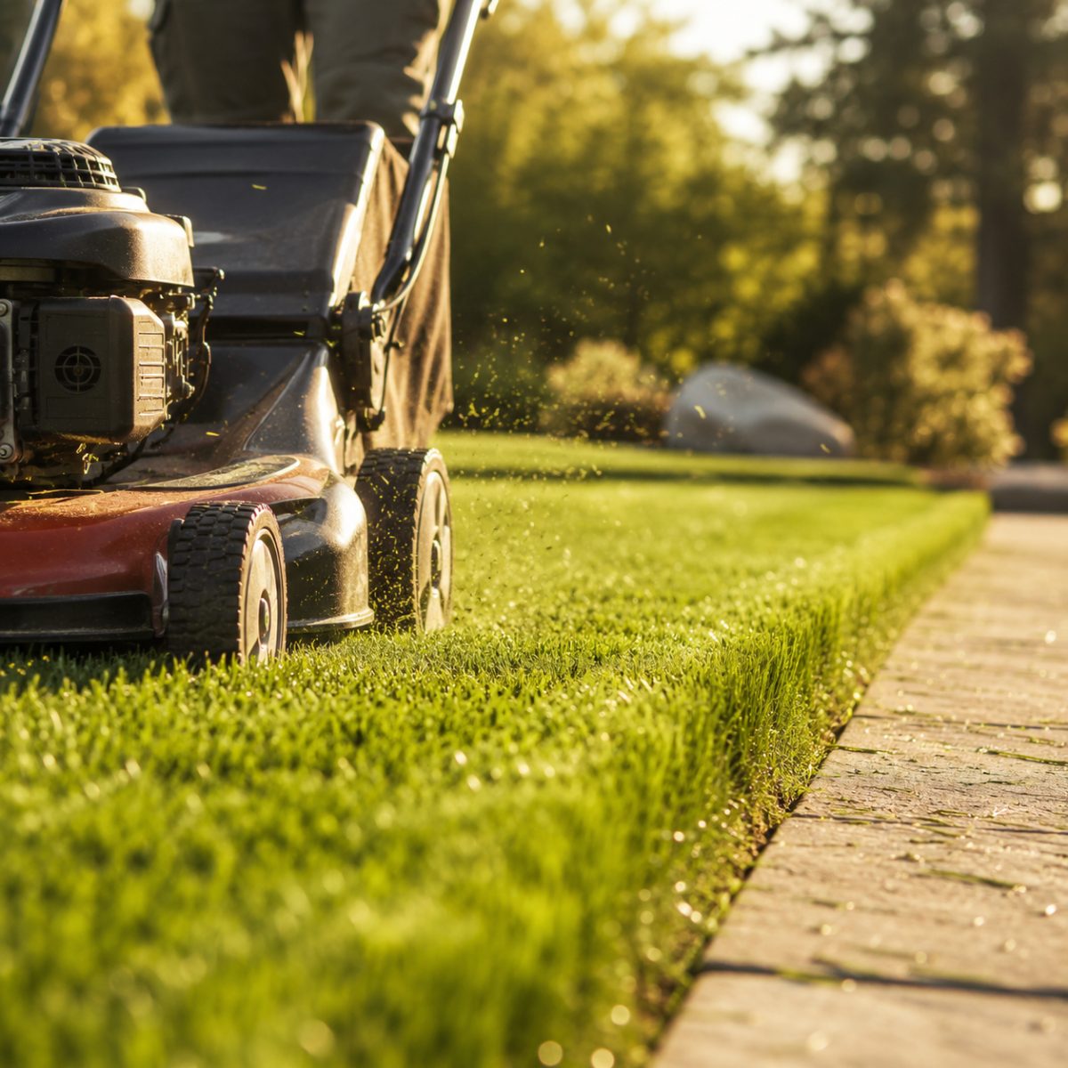 A clean mower edge cutting a sharp stripe into healthy green grass