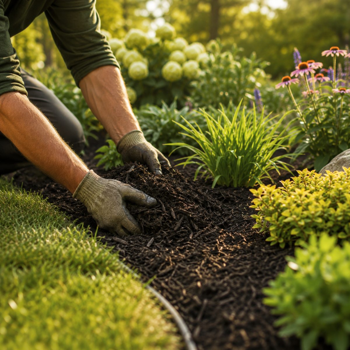 Gloved hands spreading fresh dark mulch around vibrant perennials in a sharply edged garden bed