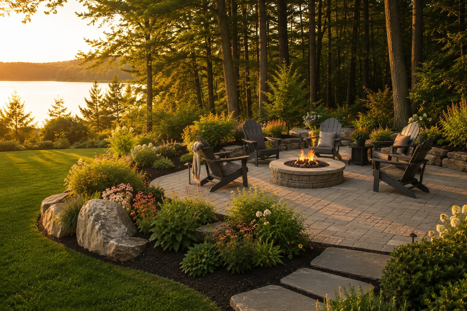 A finished backyard paver patio with a fire pit surrounded by fresh plantings