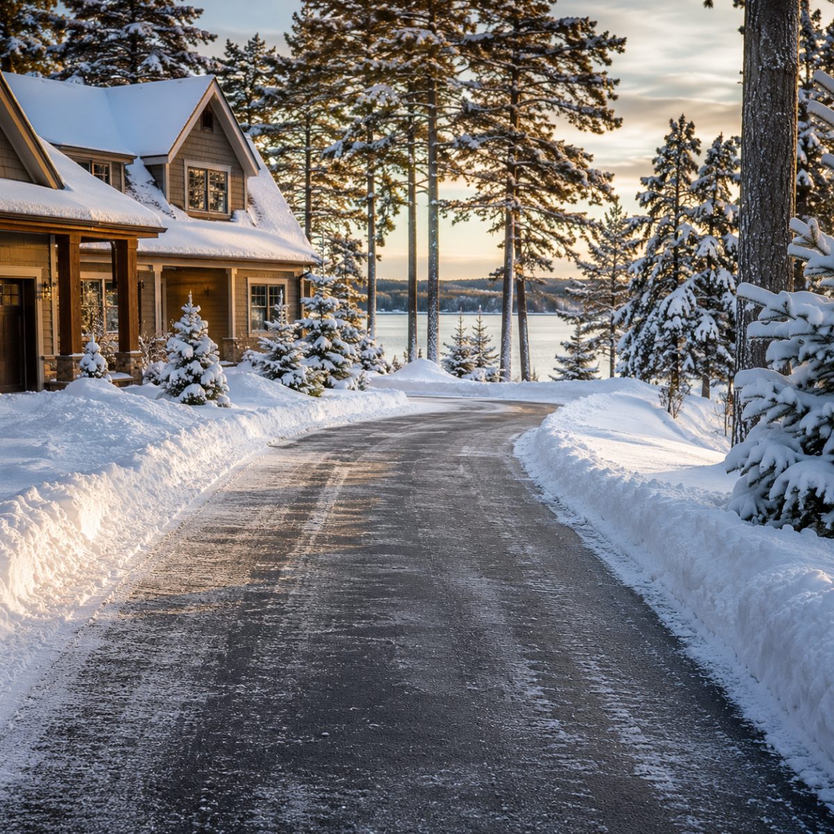 A cleanly plowed Maine driveway after a winter snowfall