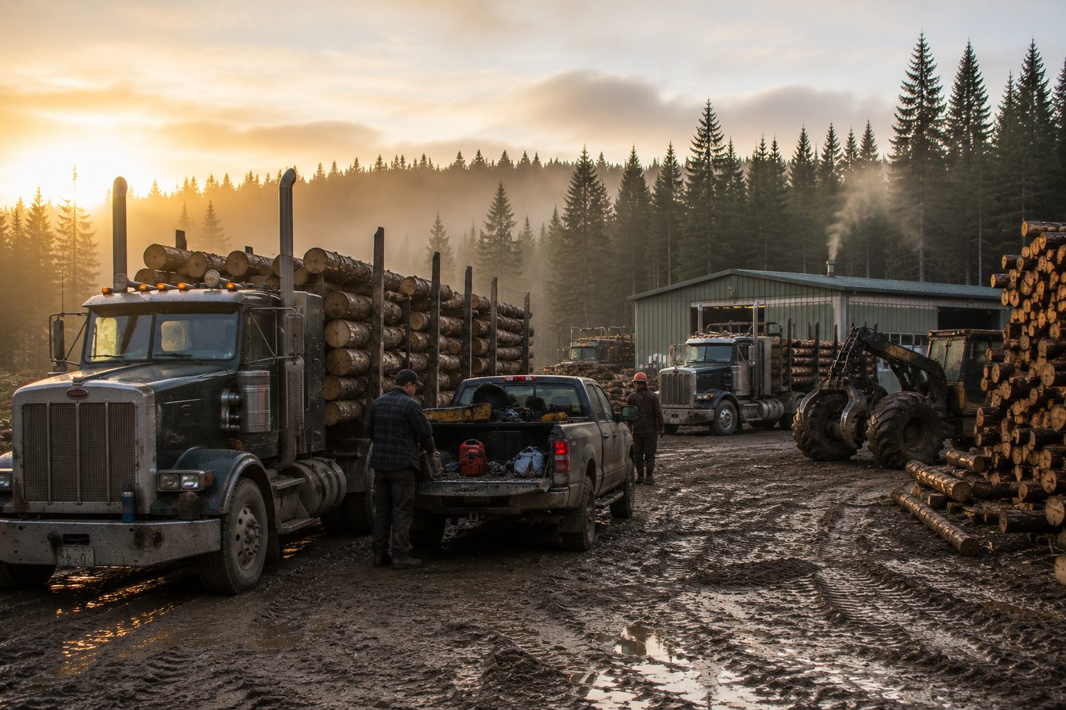 Mud-splattered log trucks and a skidder parked by stacked log decks at a North Woods log yard at dawn