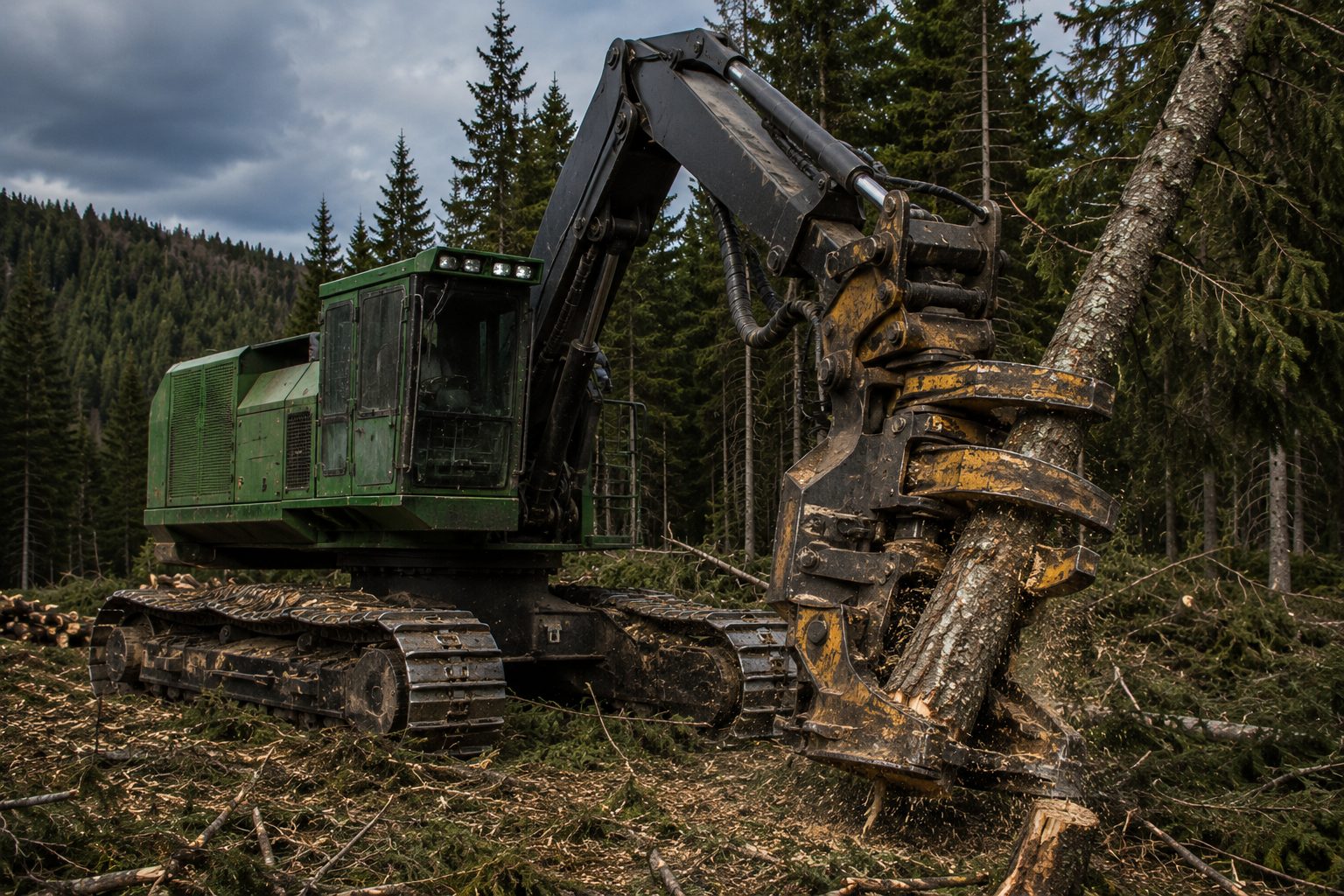 A tracked feller-buncher shearing a softwood tree at a harvest site