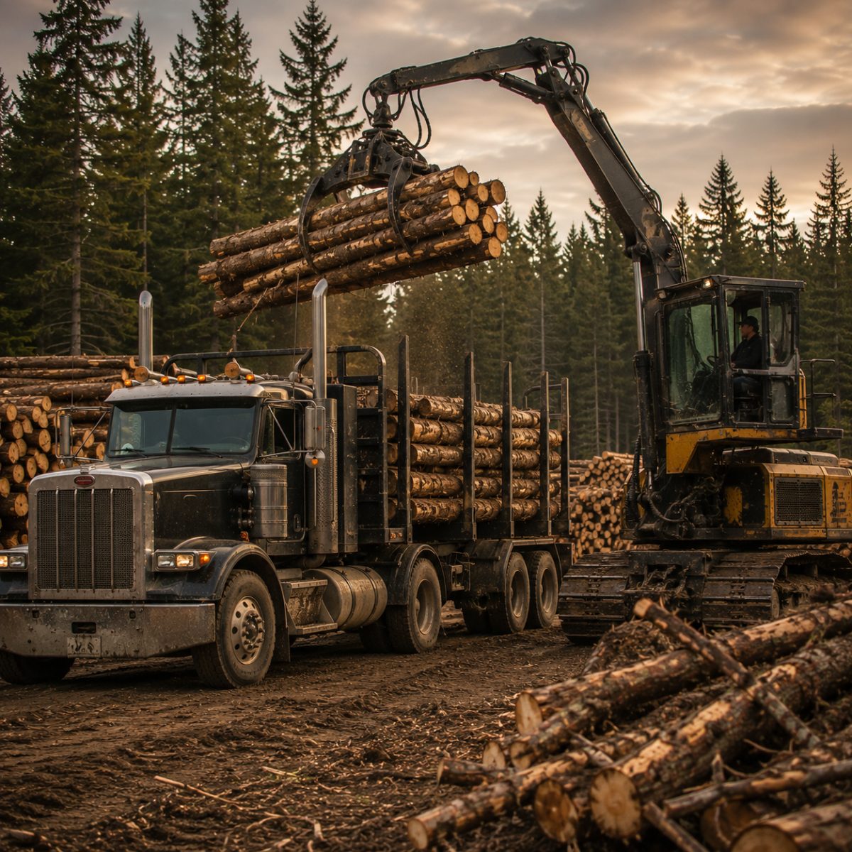 A knuckle-boom log loader lifting a bundle of sawlogs onto a waiting log truck