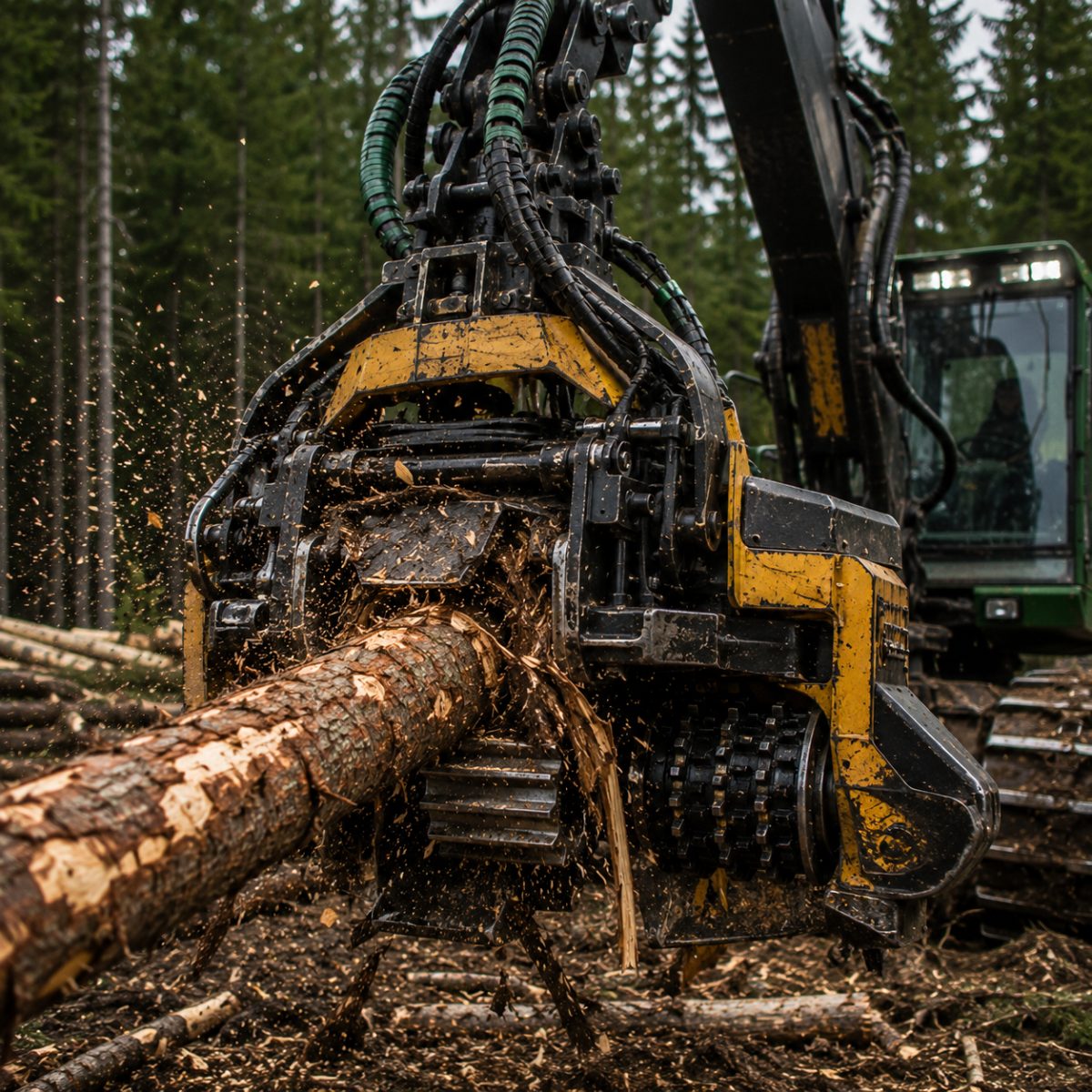 A cut-to-length processor head delimbing and bucking a spruce log
