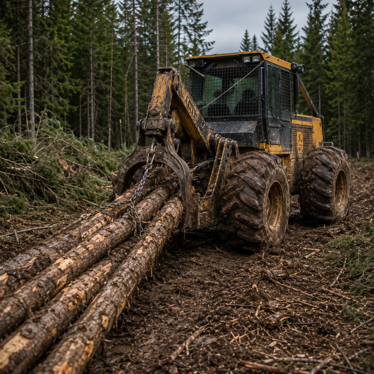 A wide-track grapple skidder dragging a hitch of softwood stems up a skid trail