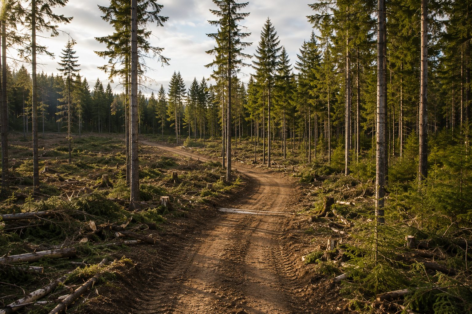 A cleanly finished selective-harvest woodlot with a graded trail and standing residual trees