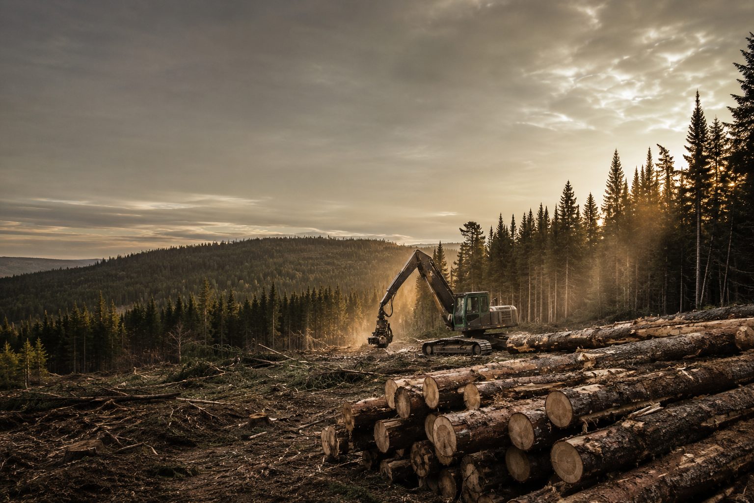 A timber-harvest landing with stacked spruce sawlogs and a feller-buncher in the North Maine Woods