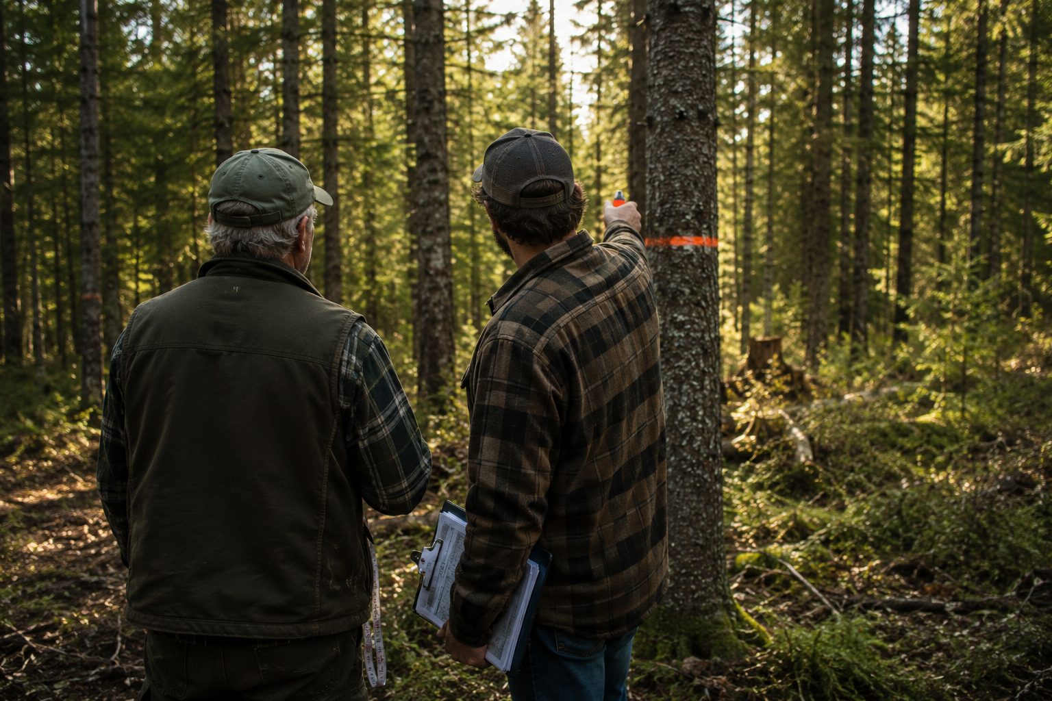 A forester and a landowner walking a woodlot together, marking a spruce with a paint gun
