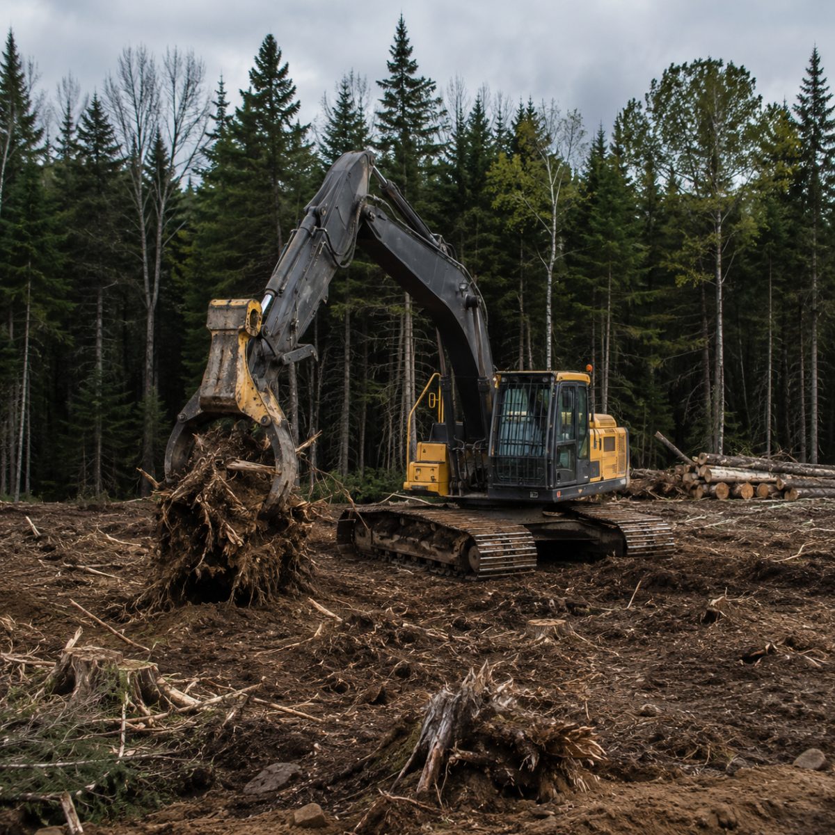 A tracked excavator pulling stumps on a freshly opened house lot