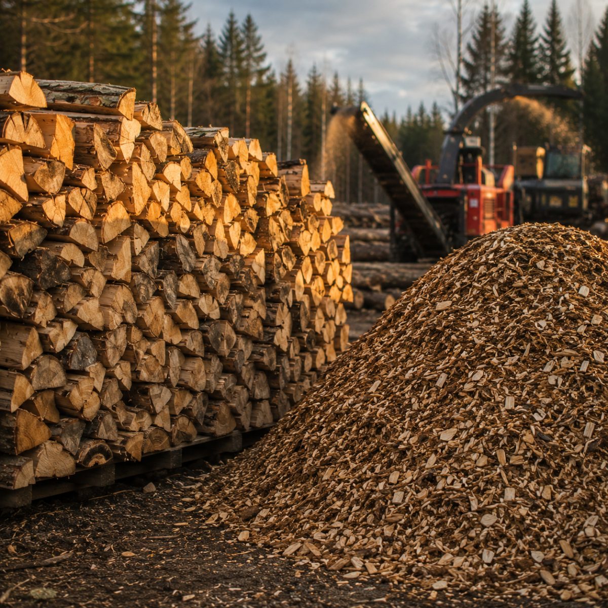 A stacked rick of seasoned cordwood beside a mound of fresh wood chips