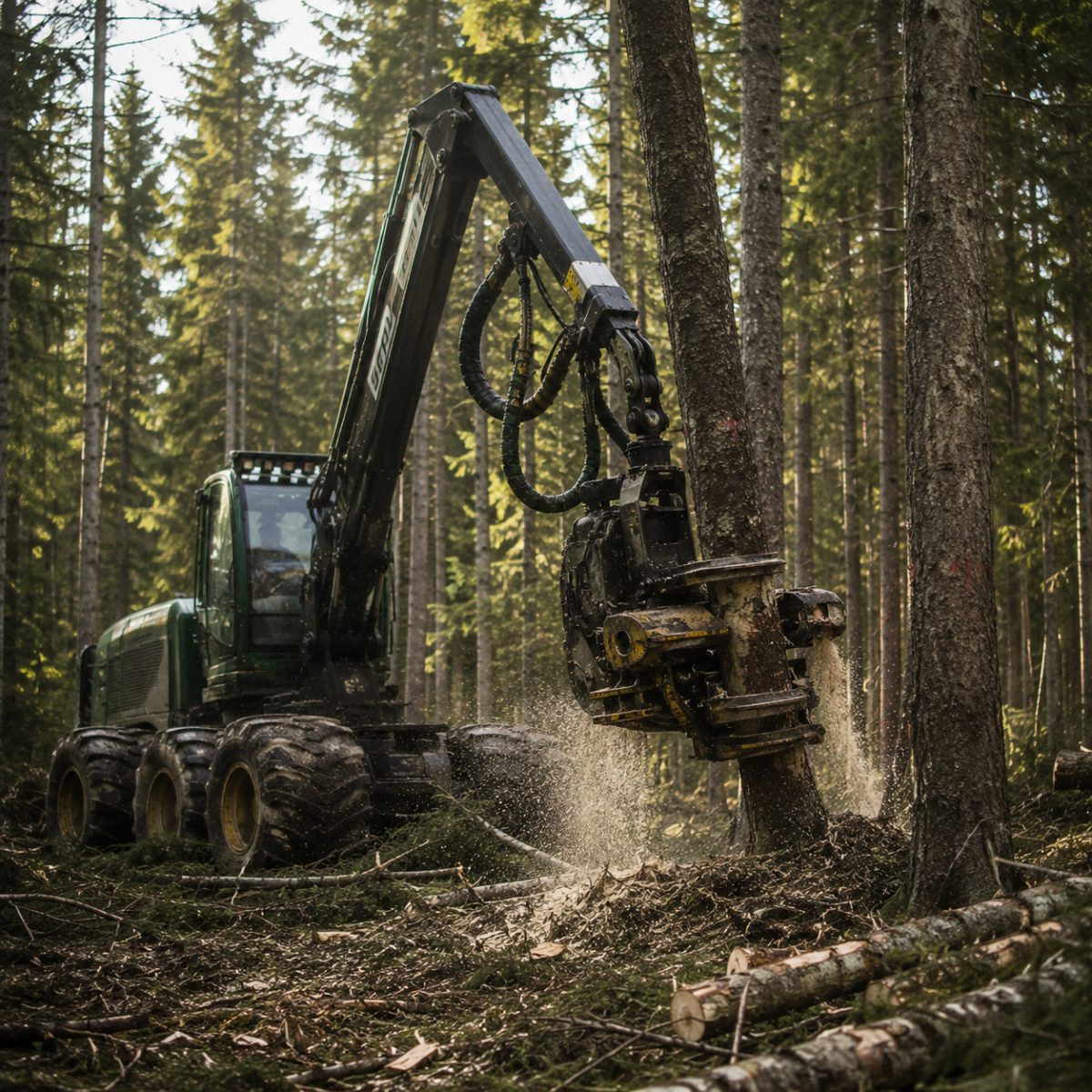 A cut-to-length harvester processing a spruce in a selectively marked woodlot