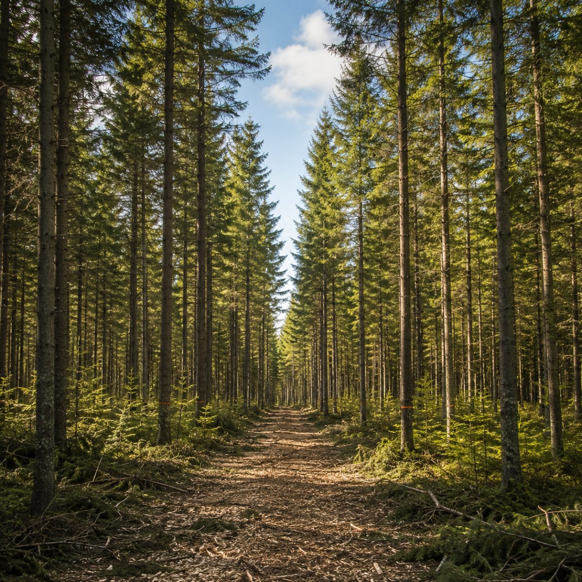 A recently thinned softwood stand with an opened canopy and even spacing
