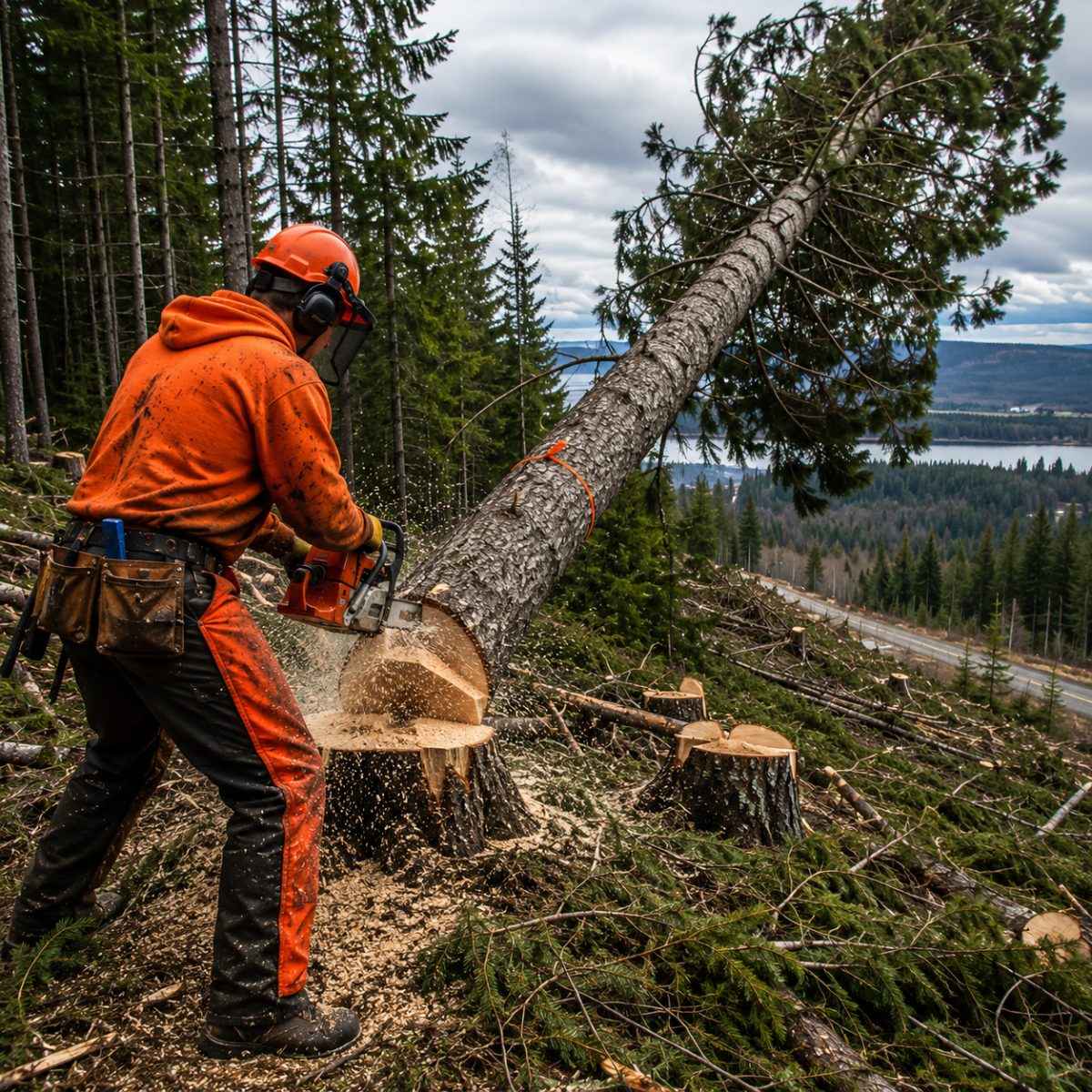 A crew member with a chainsaw mid-cut on a roadside view clearing