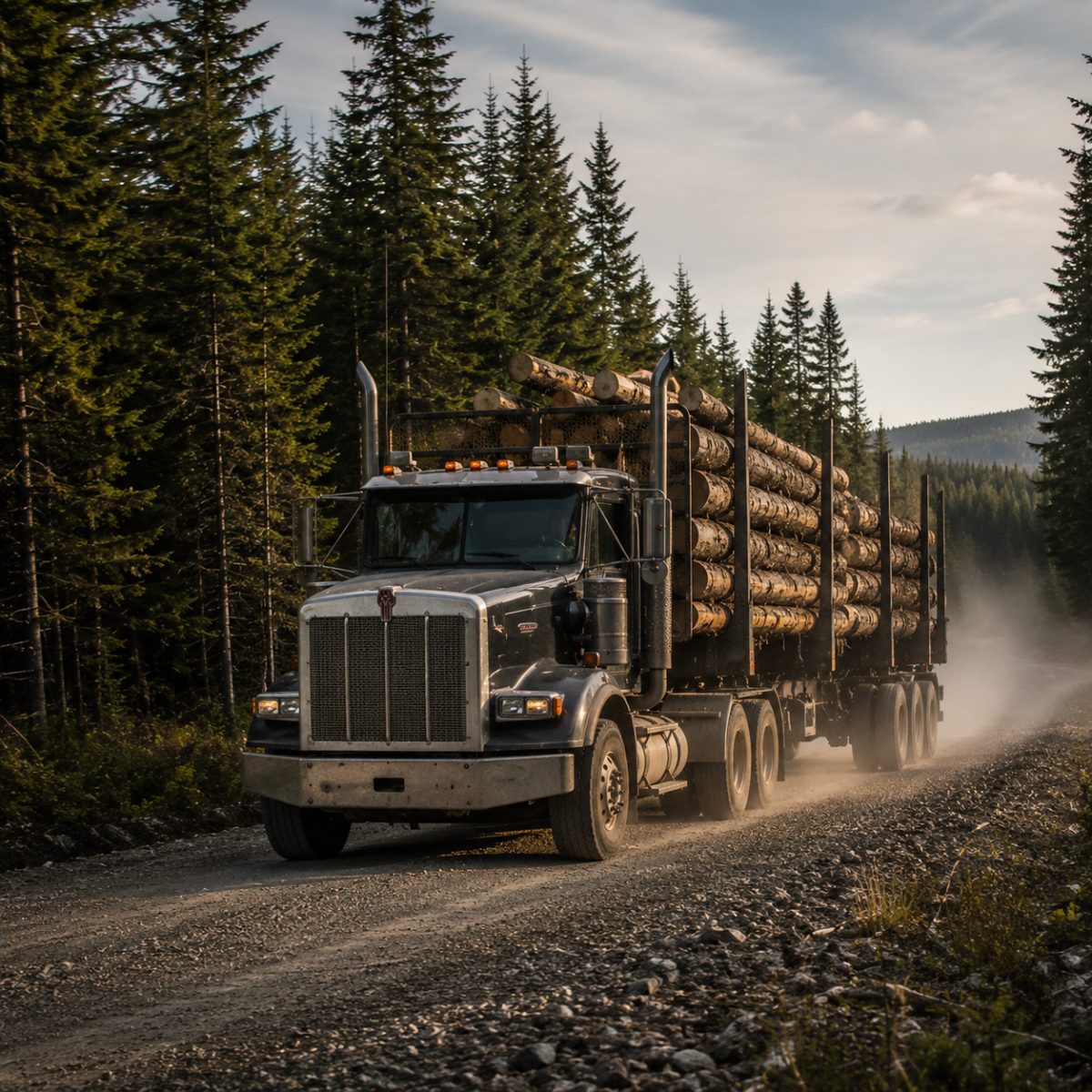 A loaded log truck rolling down a gravel tote road through dense forest