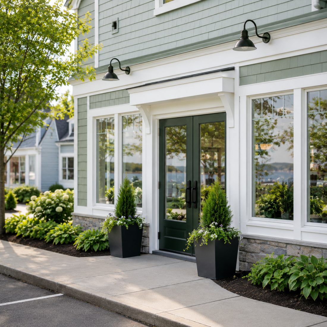 Clean exterior entrance of a small Downeast Maine storefront with neat landscaping