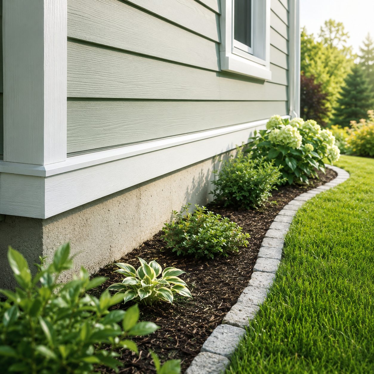 Clean home foundation and exterior wall base with neat landscaping