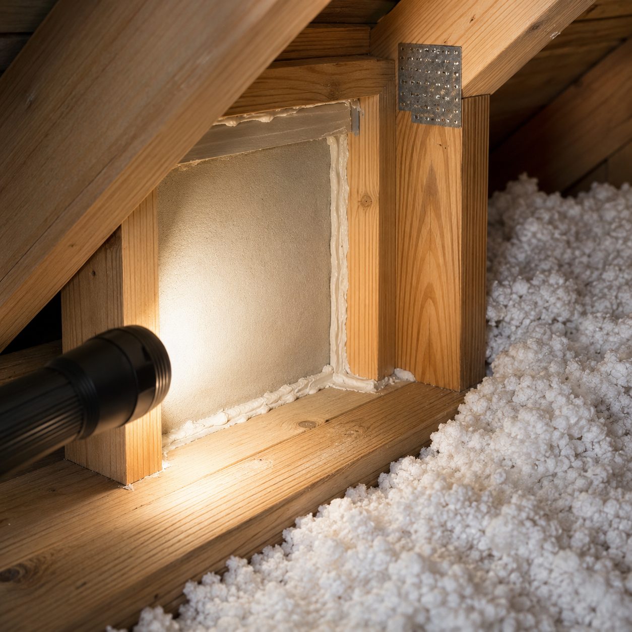 Tidy attic corner with clean insulation and a sealed entry gap