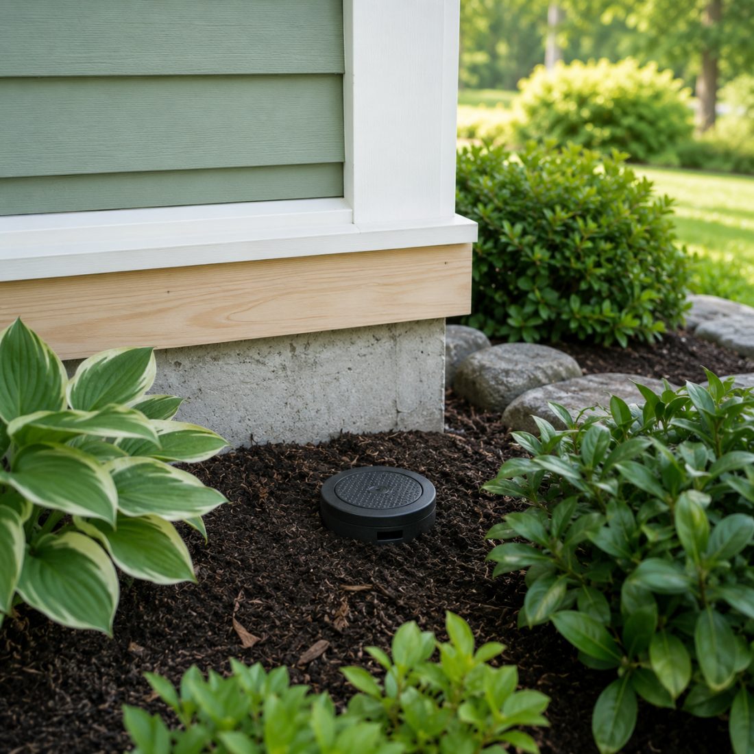 Clean home foundation corner with a discreet in-ground termite monitoring station in the mulch