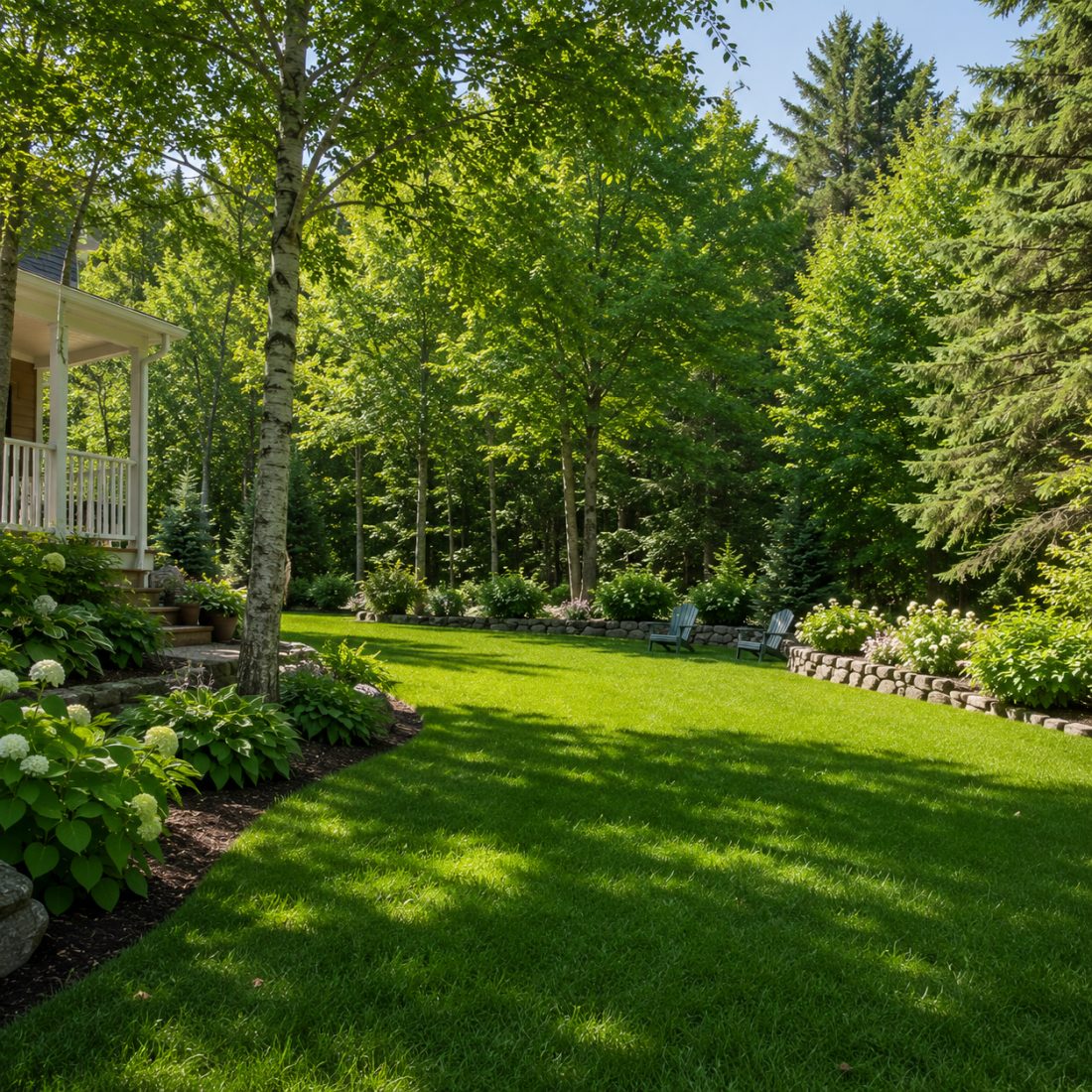 Lush green Maine backyard with a wooded edge and open lawn