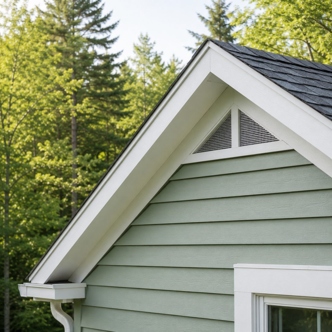 Tidy Maine home roofline with a sealed gable vent against a wooded backdrop