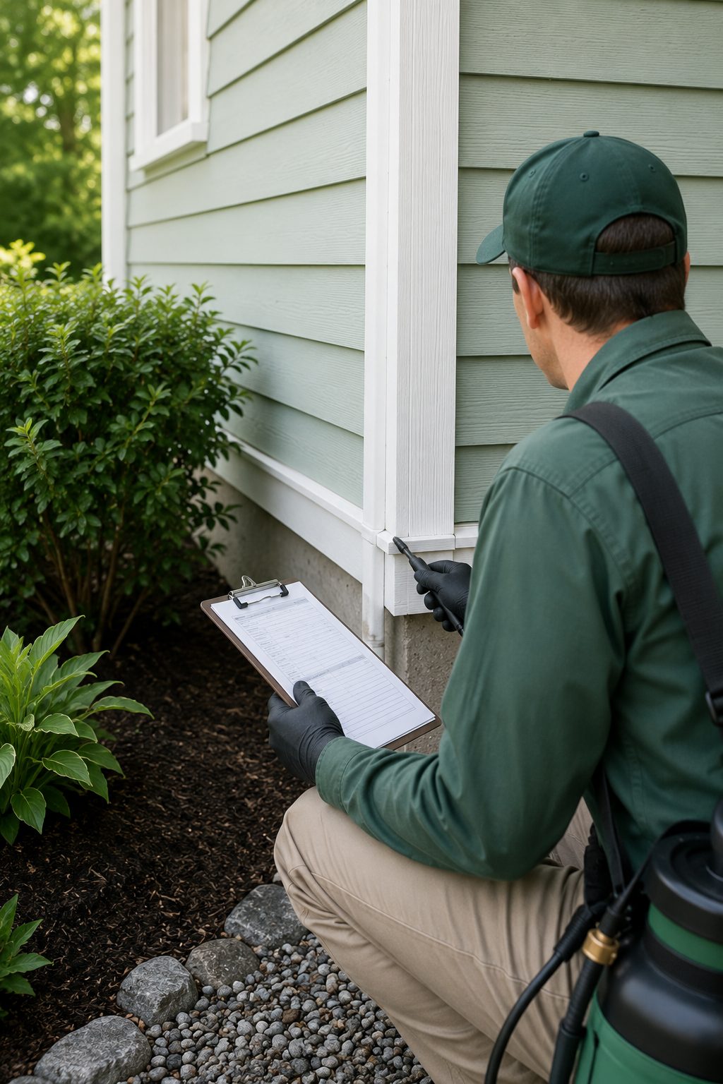 Acadia technician inspecting the exterior corner of a Maine home