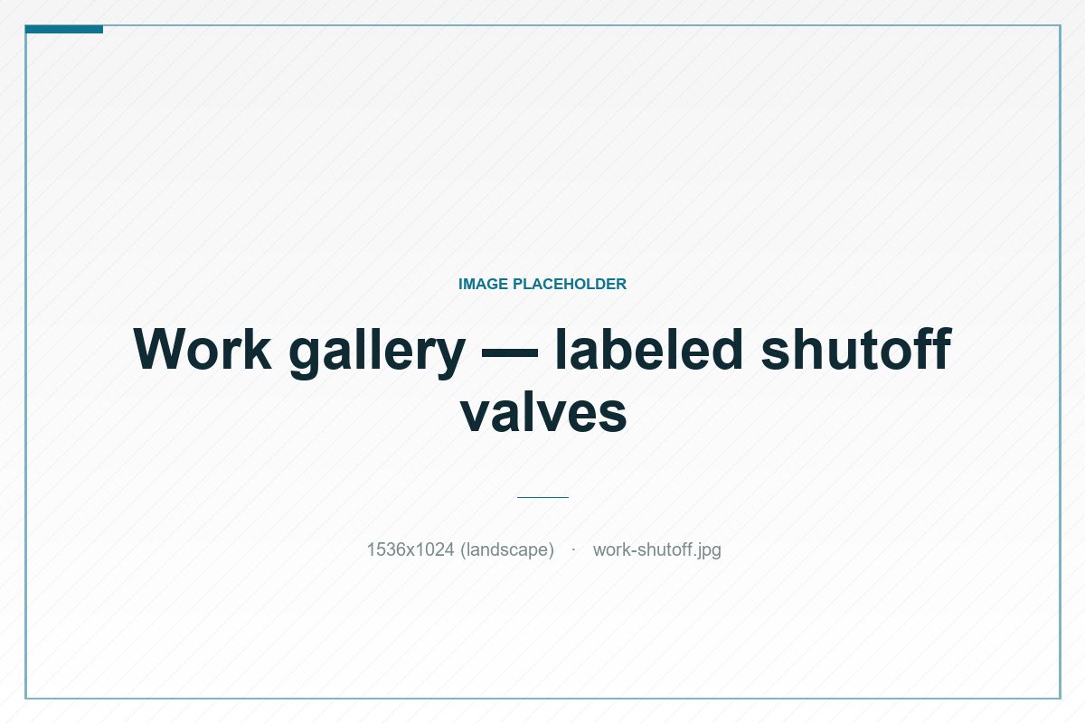 A tidy bank of labeled shutoff valves on a clean utility wall
