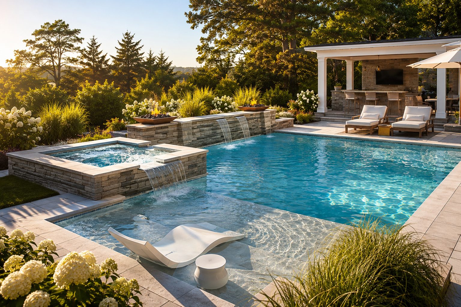 A sleek rectangular modern pool with a wide tanning ledge