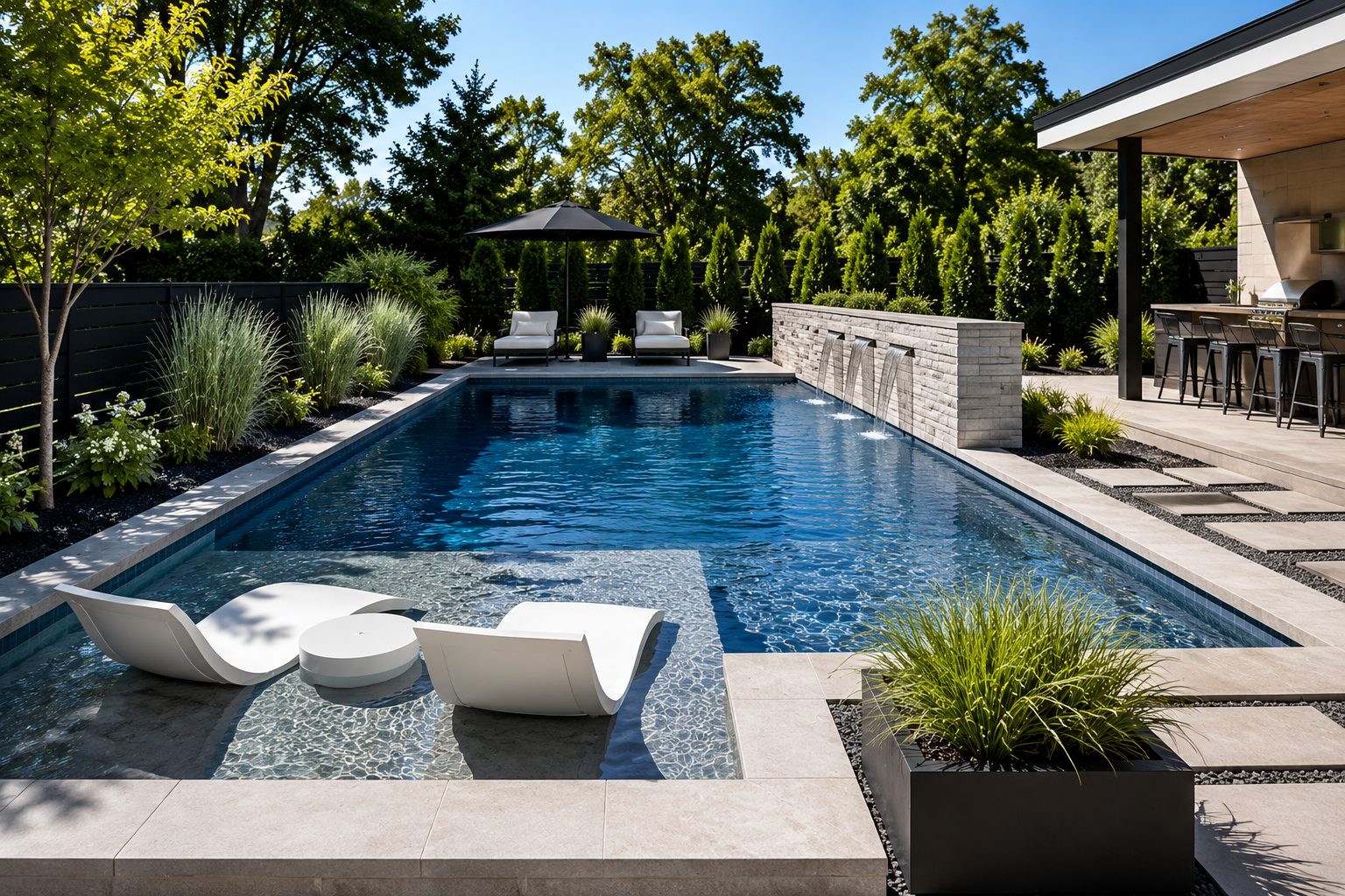 A freeform backyard pool with a built-in round spa and rock waterfall
