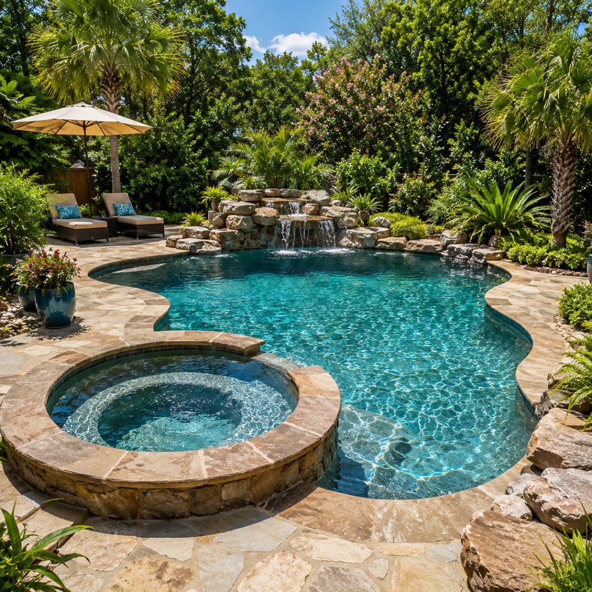 A backyard pool glowing with color-changing LED lighting at dusk