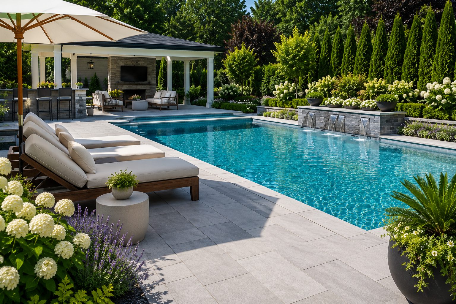 A wide pool deck with lounge furniture beside sparkling water
