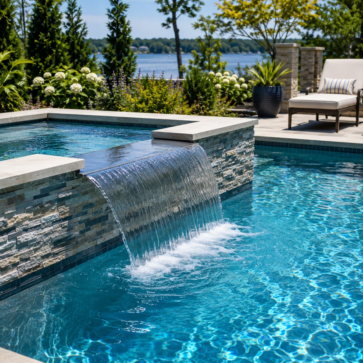 A raised spa spilling a sheet of water into a pool