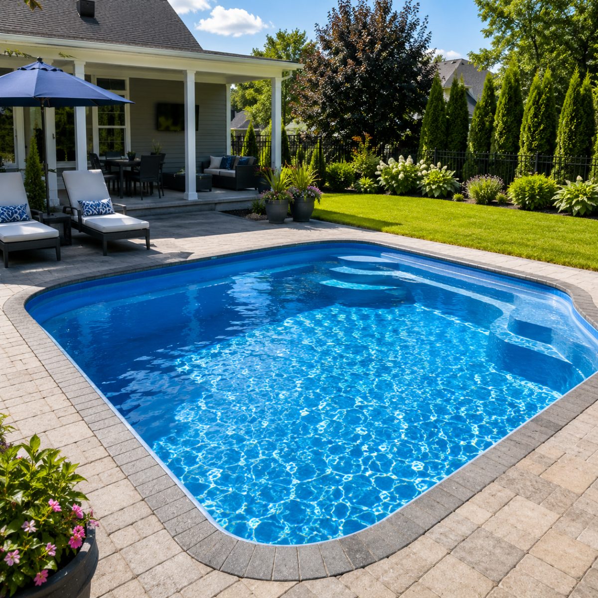 A clean fiberglass family pool with a tidy paver deck