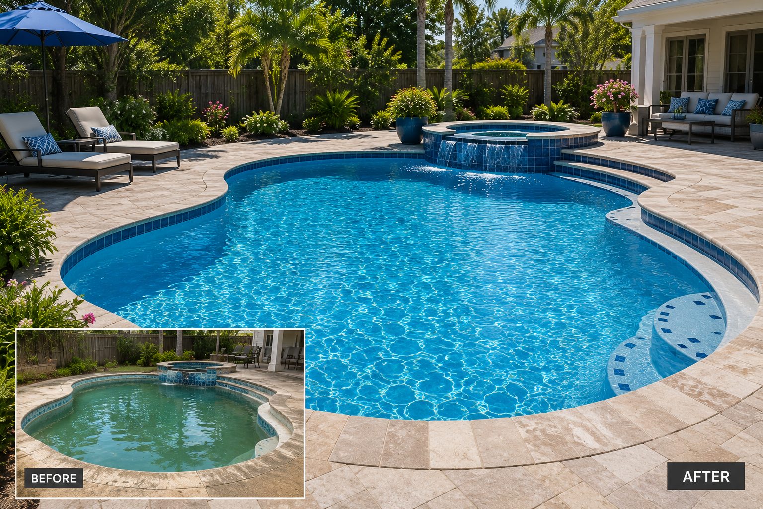 A freshly resurfaced and re-tiled pool looking brand new