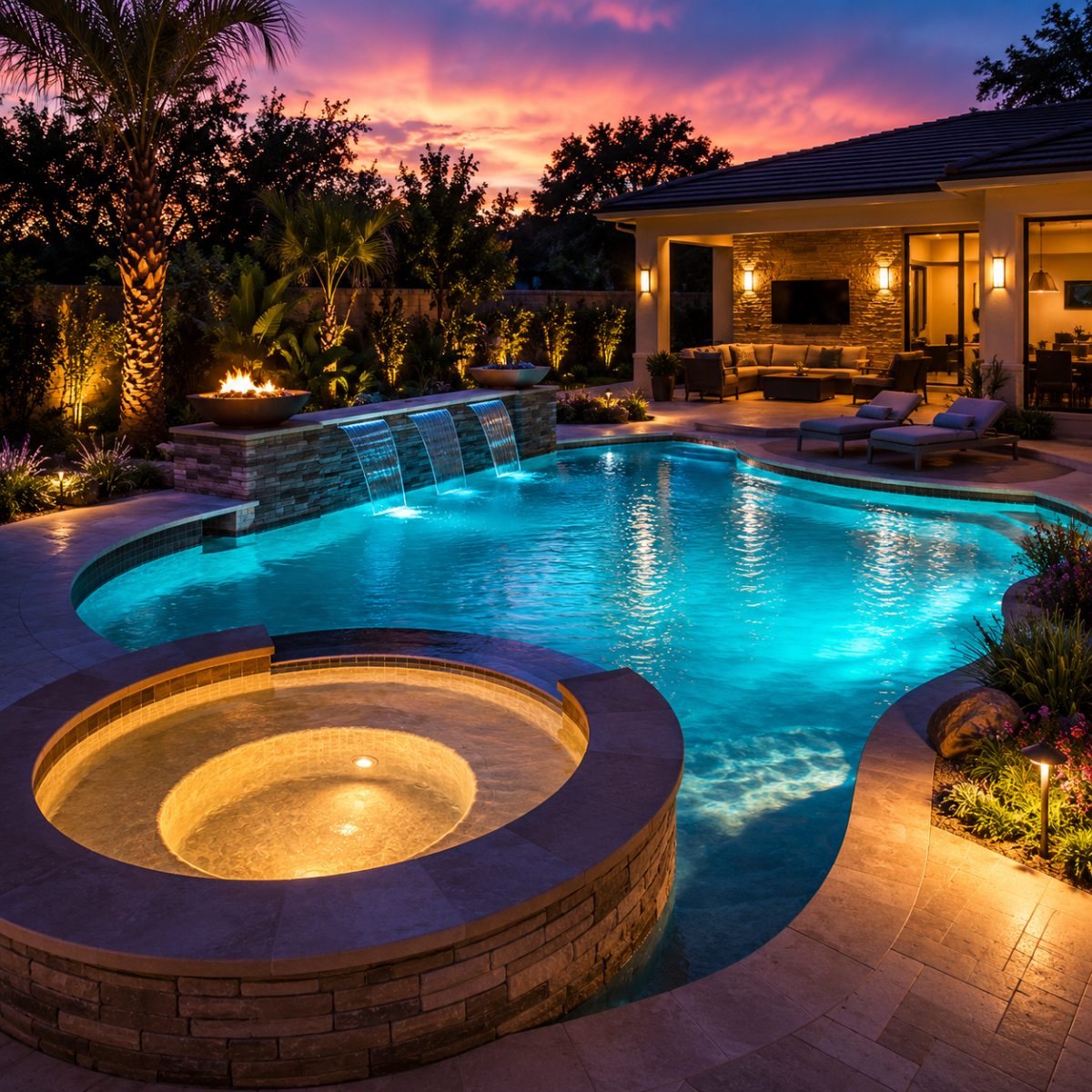 A newly built backyard pool with an integrated spa spilling into the main pool