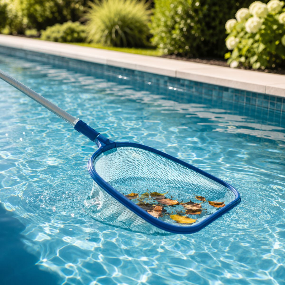 Skimmer net gliding across a sparkling clean pool