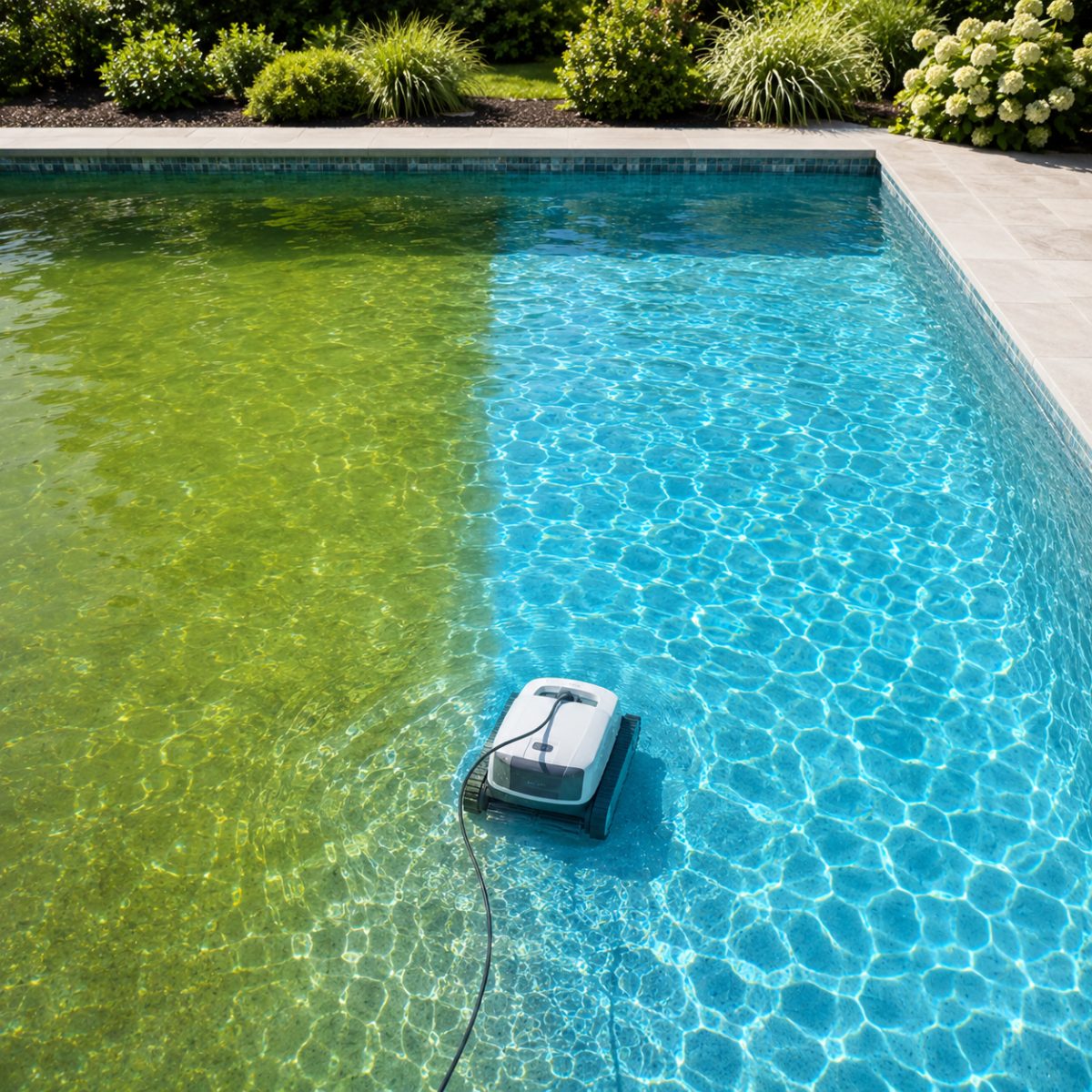 A pool being restored to clear blue water