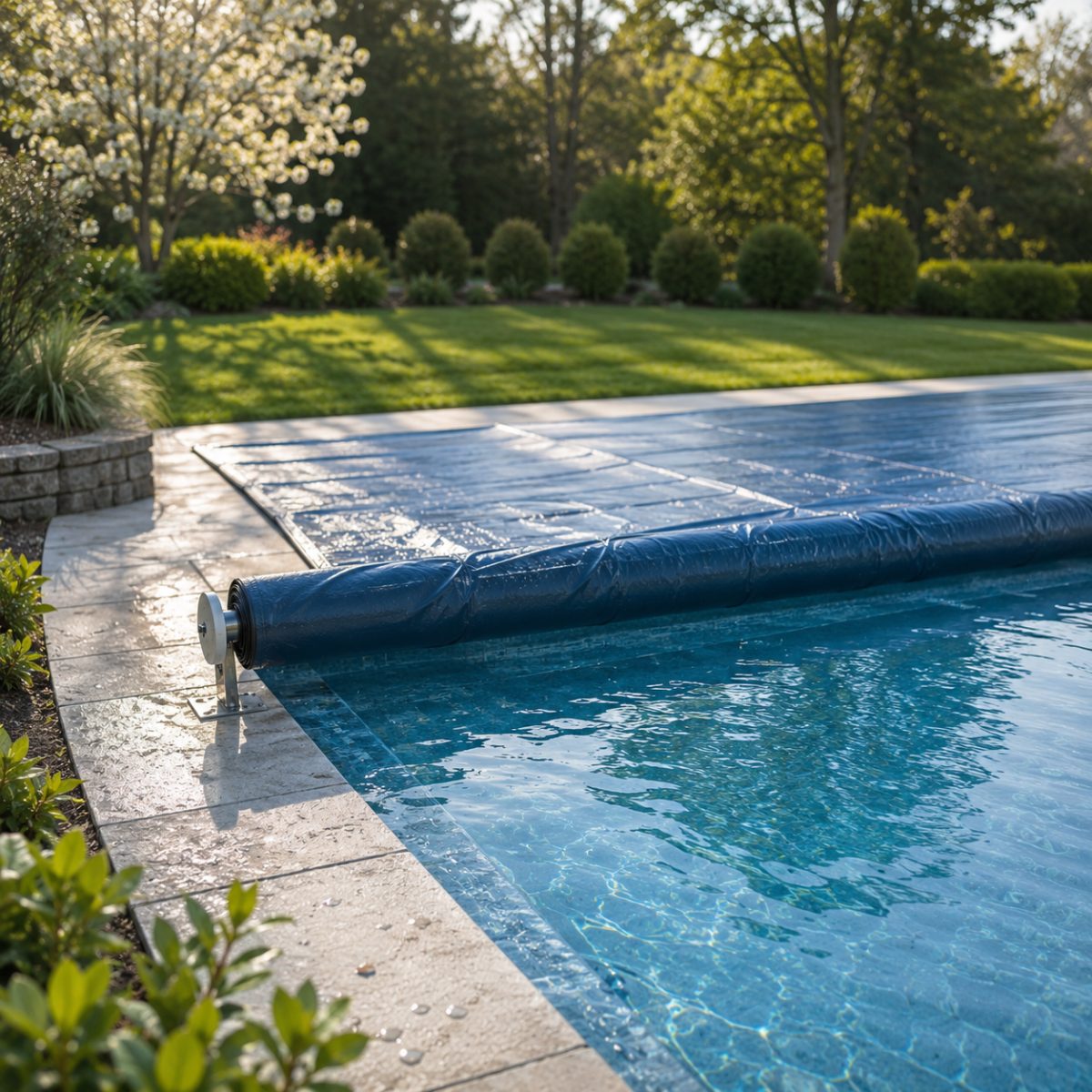 A pool cover being rolled back in spring