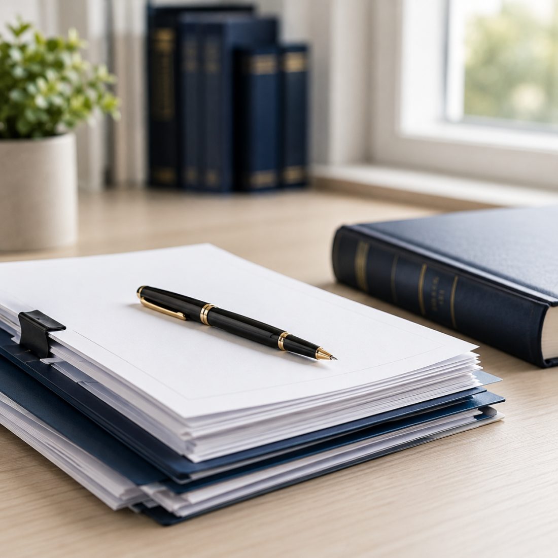 Neat stack of legal documents and a fountain pen beside law books