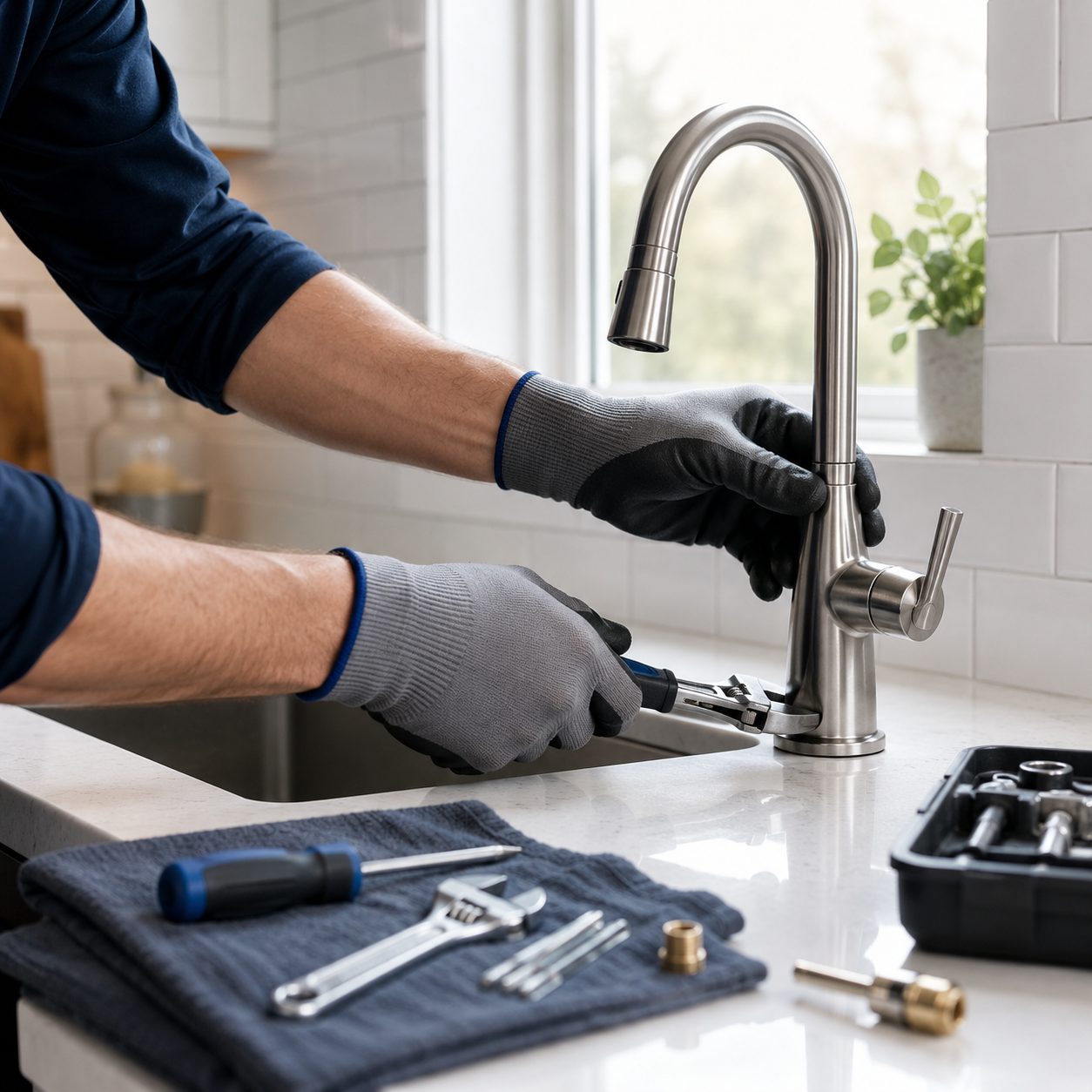 Tradesperson repairing a kitchen faucet