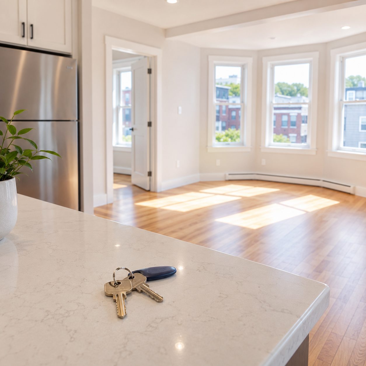Freshly cleaned empty apartment with keys on the counter