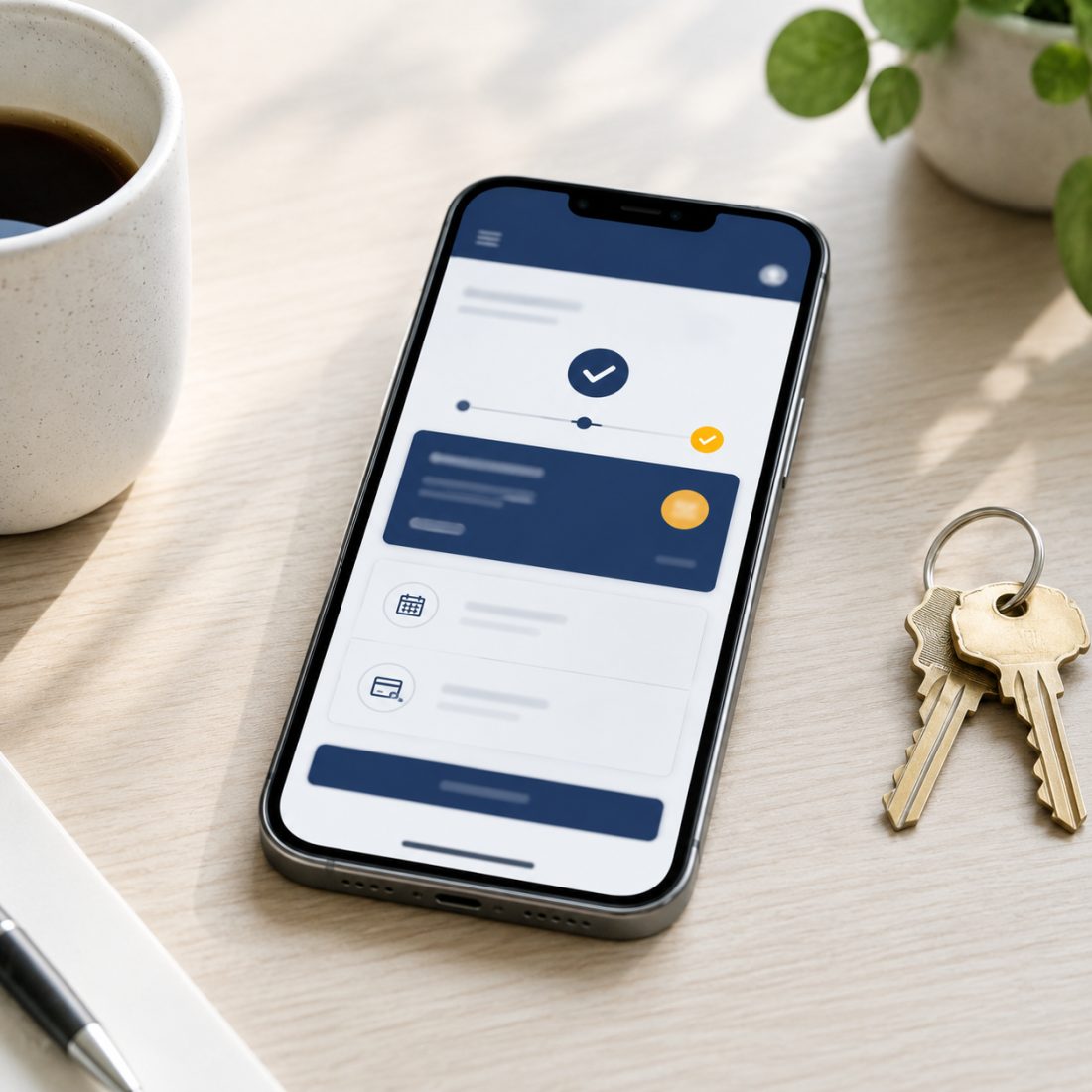Smartphone showing an online rent-payment confirmation beside a coffee mug and house keys