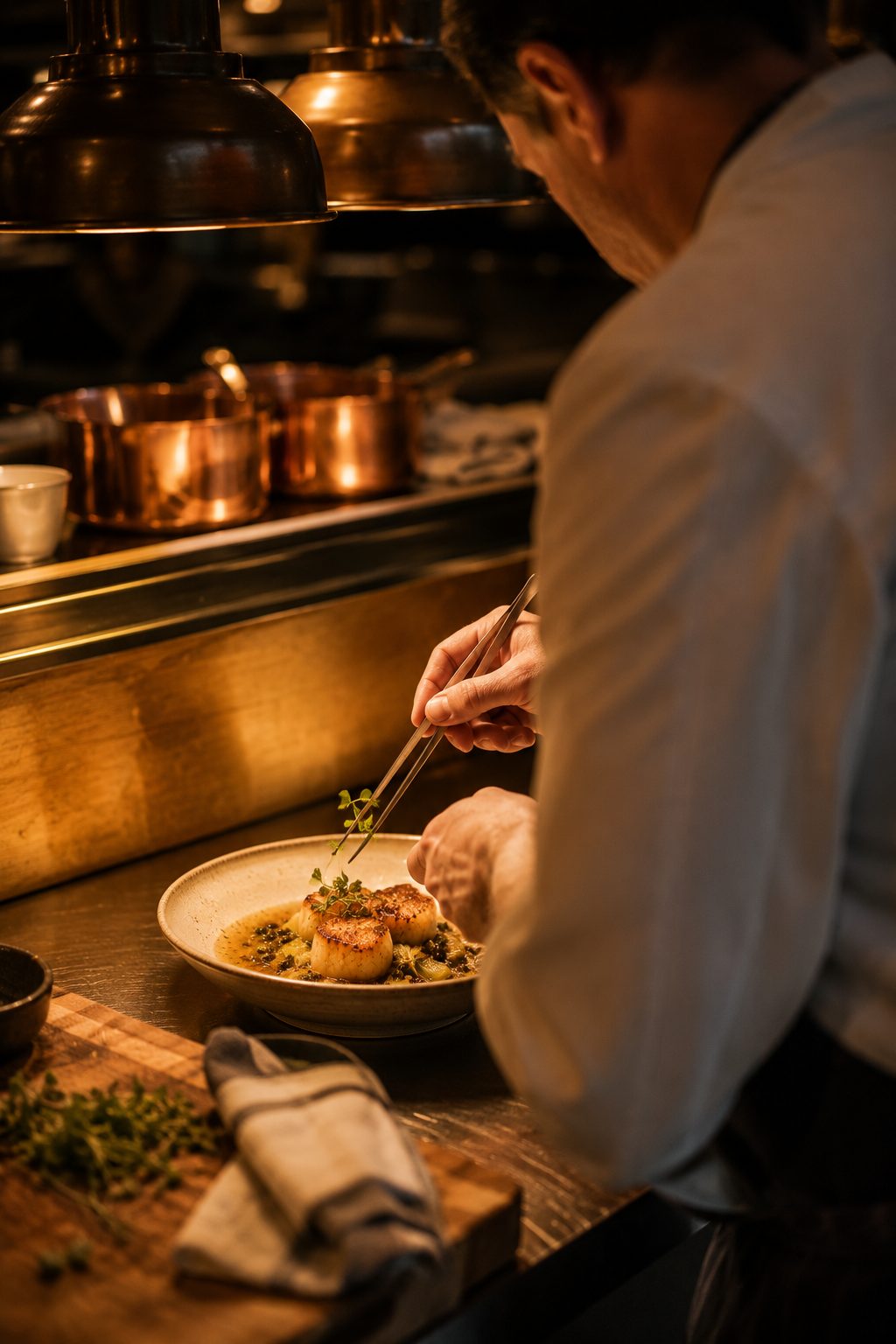 Chef plating a dish under warm kitchen light, tweezing a garnish onto a plate