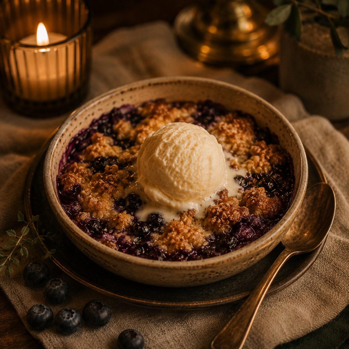 Warm wild blueberry buckle with a scoop of melting sweet-cream ice
