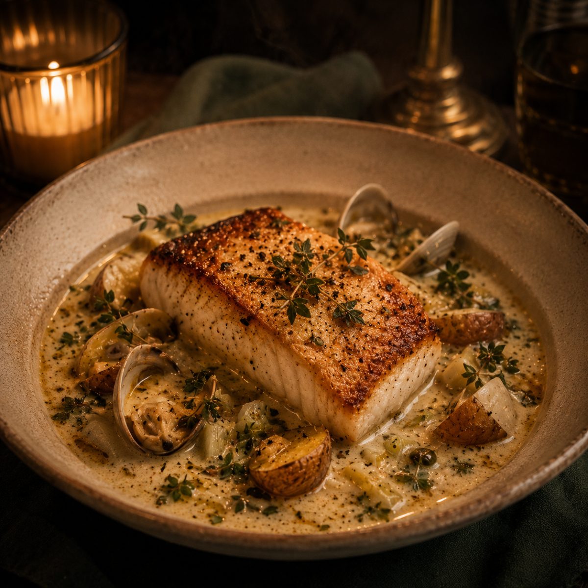 Pan-roasted halibut resting over a creamy clam chowder with leeks